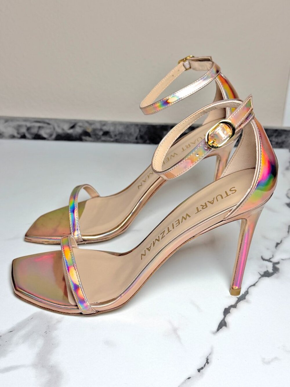 NEW Stuart Weitzman Nudistcurve Rose Gold Ankle Strap Heels Size 7.5